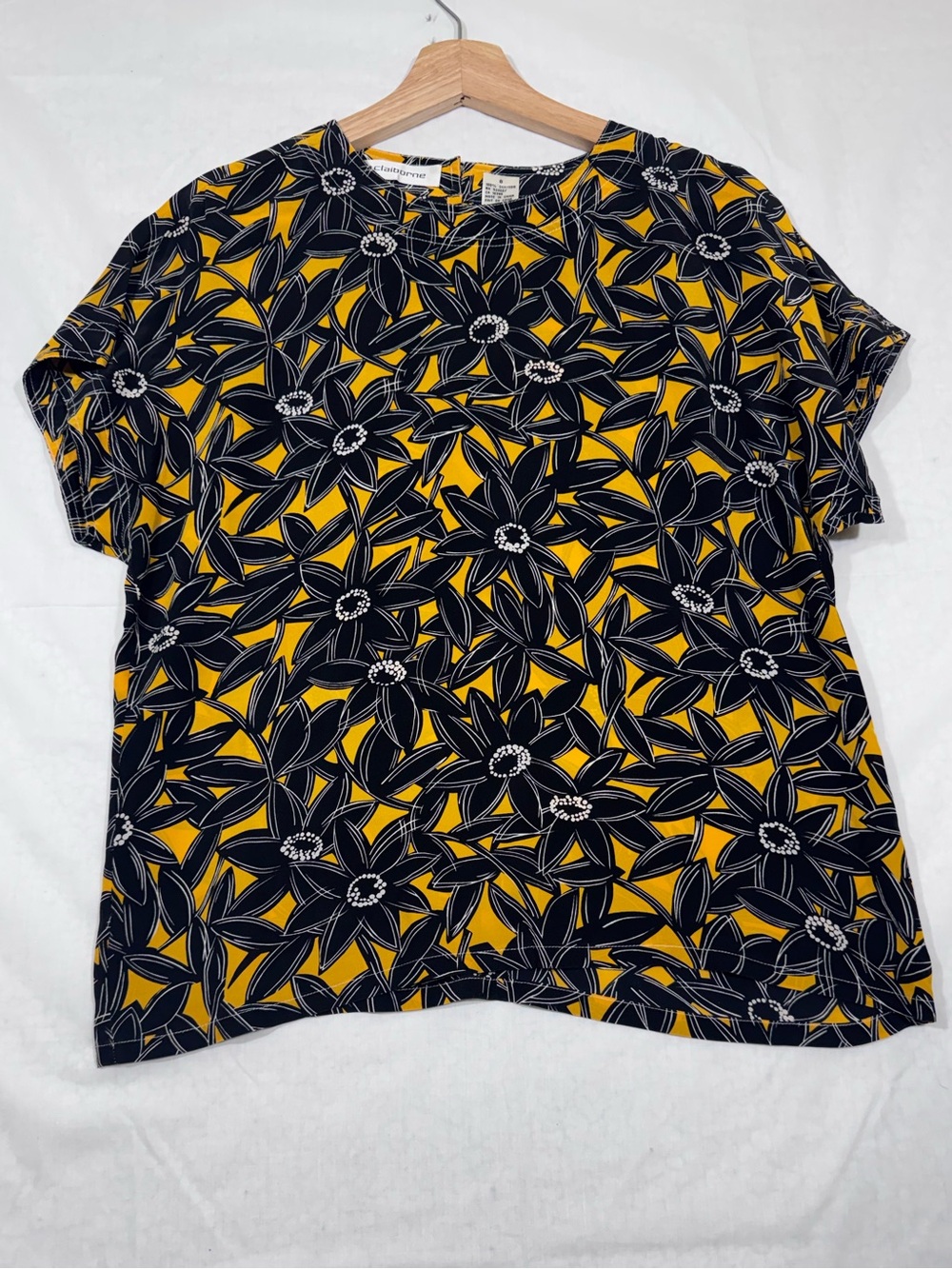 Liz Claiborne Career Floral Silk Blouse Top Size 8 Black Yellow Retro 90's